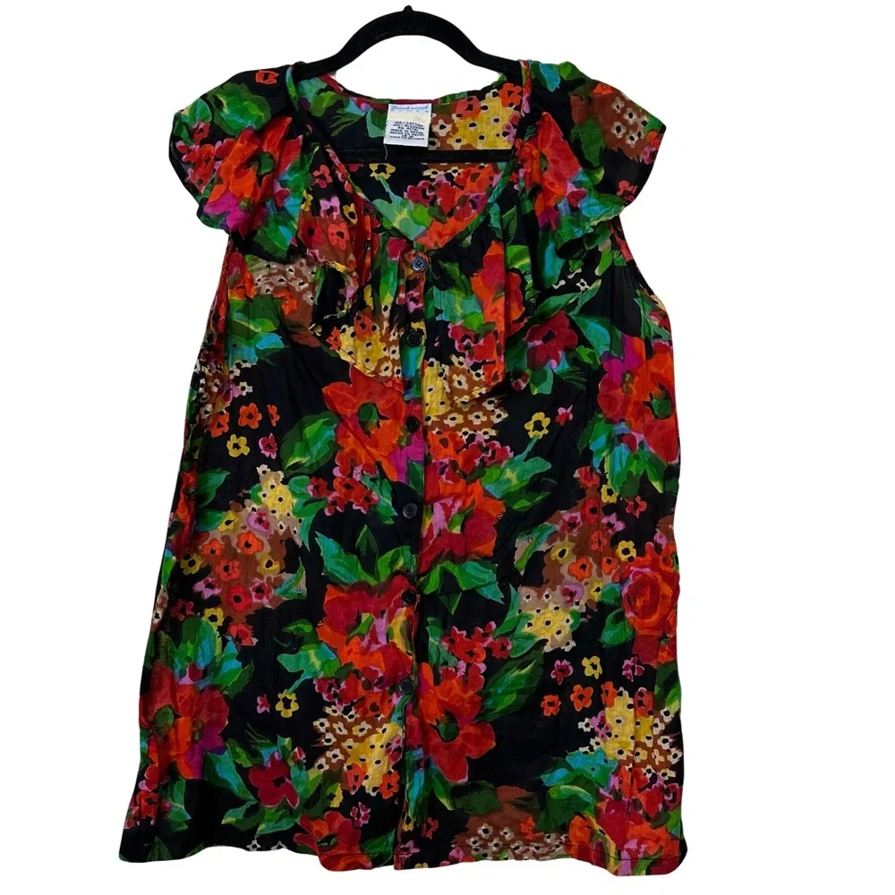 Vintage 90s Cotton Backyard Blues Floral Printed Ruffled Shoulder Sleeveless Top - Picture 1 of 7